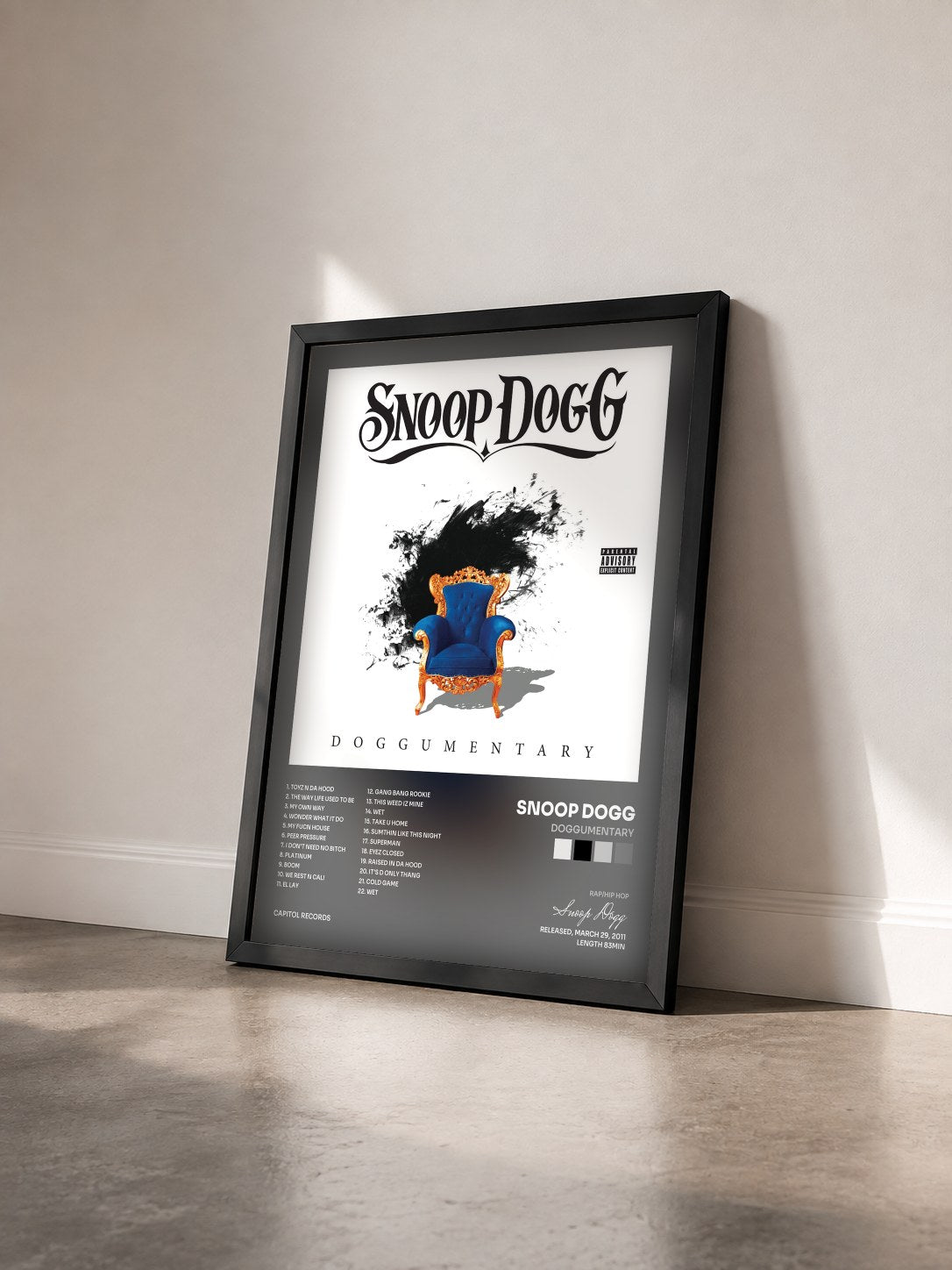 #noir Tableau de l'album Doggumentary de Snoop Dogg vu de trois quarts, cadre noir