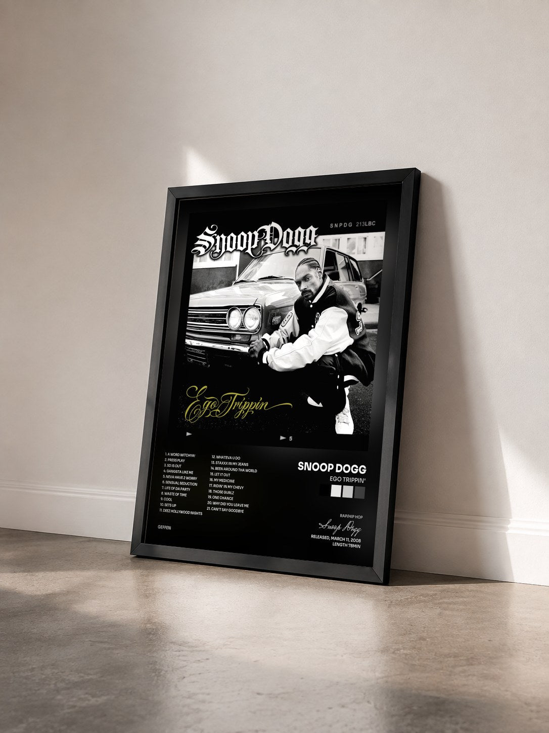 #noir Tableau de l'album Ego Trippin' de Snoop Dogg vu de trois quarts, cadre noir