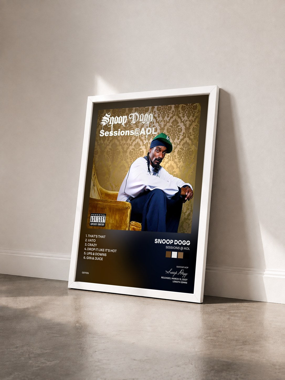 #blanc Tableau de l'album Sessions @ AOL de Snoop Dogg vu de trois quarts, cadre blanc