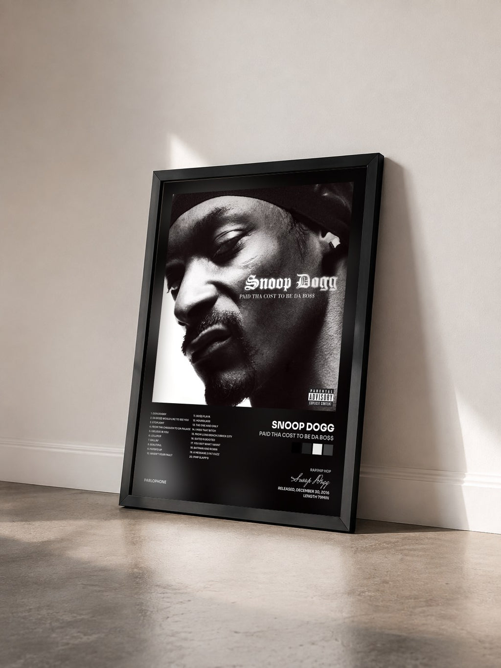 #noir Tableau de l'album Paid Tha Cost To Be Da Bo$$ de Snoop Dogg vu de trois quarts, cadre noir