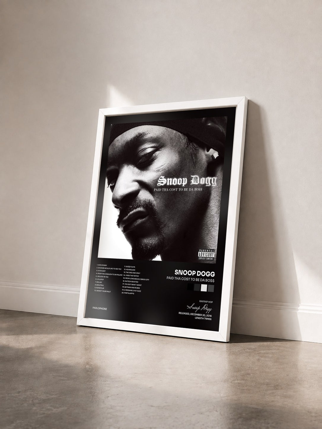 #blanc Tableau de l'album Paid Tha Cost To Be Da Bo$$ de Snoop Dogg vu de trois quarts, cadre blanc