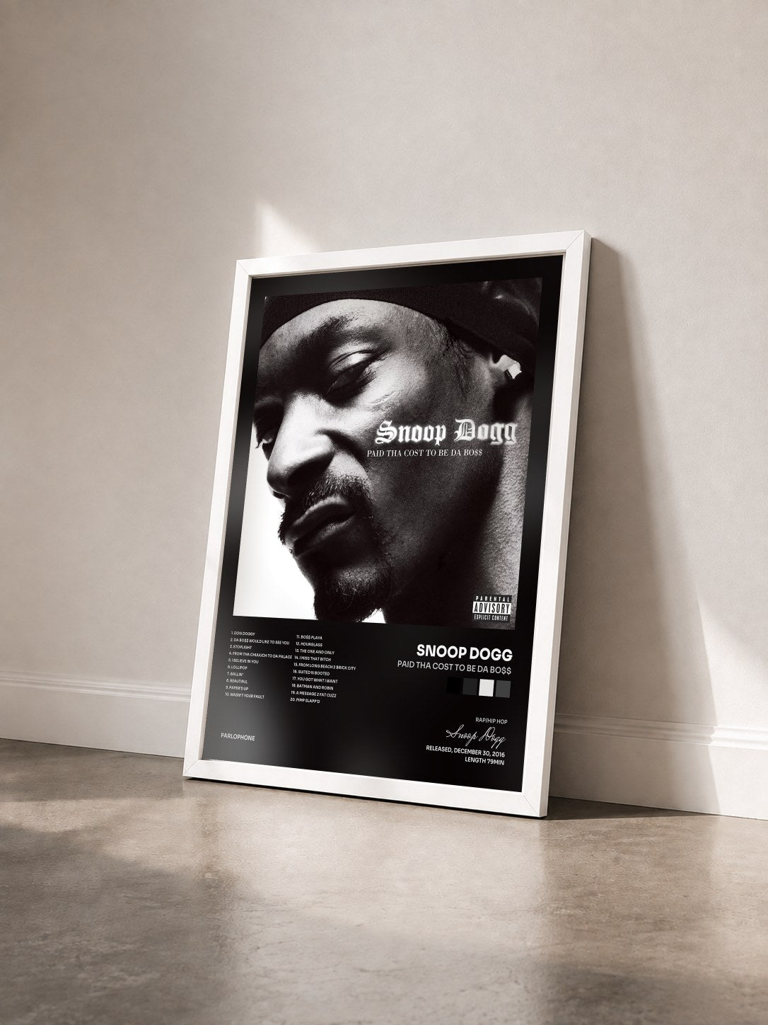 #blanc Tableau de l'album Paid Tha Cost To Be Da Bo$$ de Snoop Dogg vu de trois quarts, cadre blanc