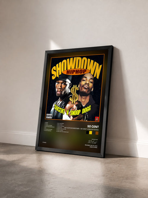#noir Tableau de l'album Hip-Hop Showdown - 50 Cent v Snoop Dogg de 50 Cent vu de trois quarts, cadre noir