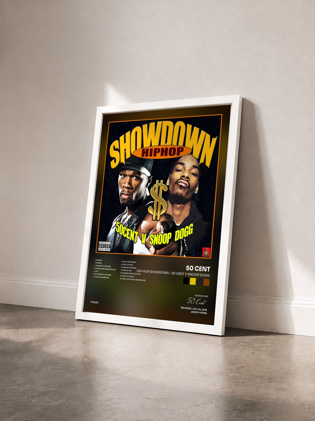#blanc Tableau de l'album Hip-Hop Showdown - 50 Cent v Snoop Dogg de 50 Cent vu de trois quarts, cadre blanc
