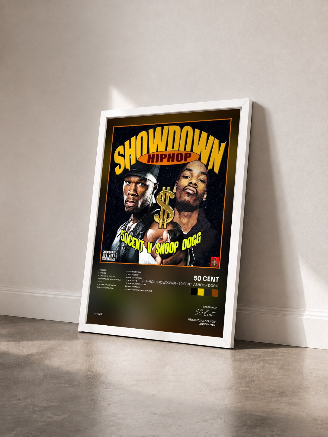 #blanc Tableau de l'album Hip-Hop Showdown - 50 Cent v Snoop Dogg de 50 Cent vu de trois quarts, cadre blanc