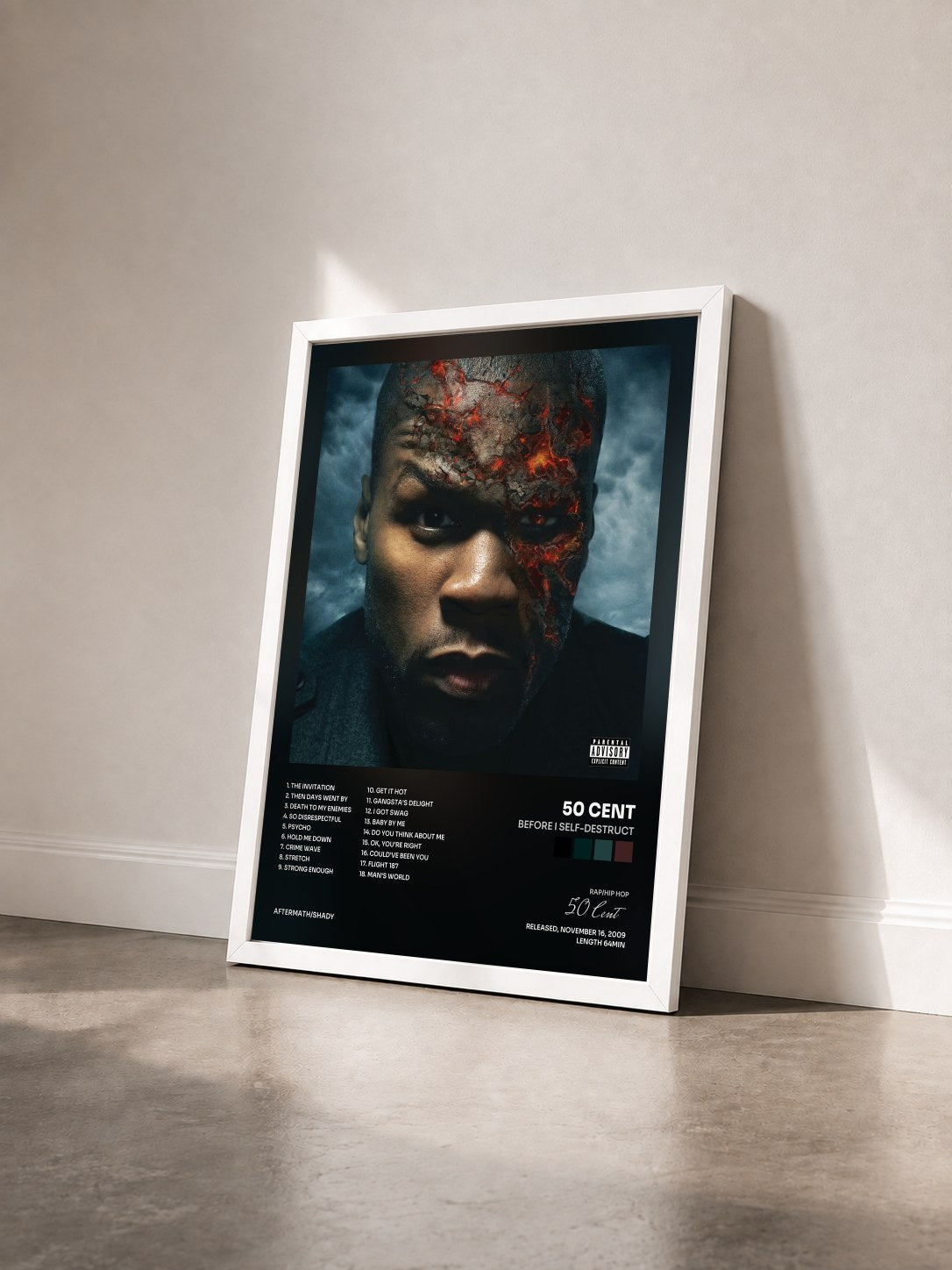 #blanc Tableau de l'album Before I Self-Destruct de 50 Cent vu de trois quarts, cadre blanc