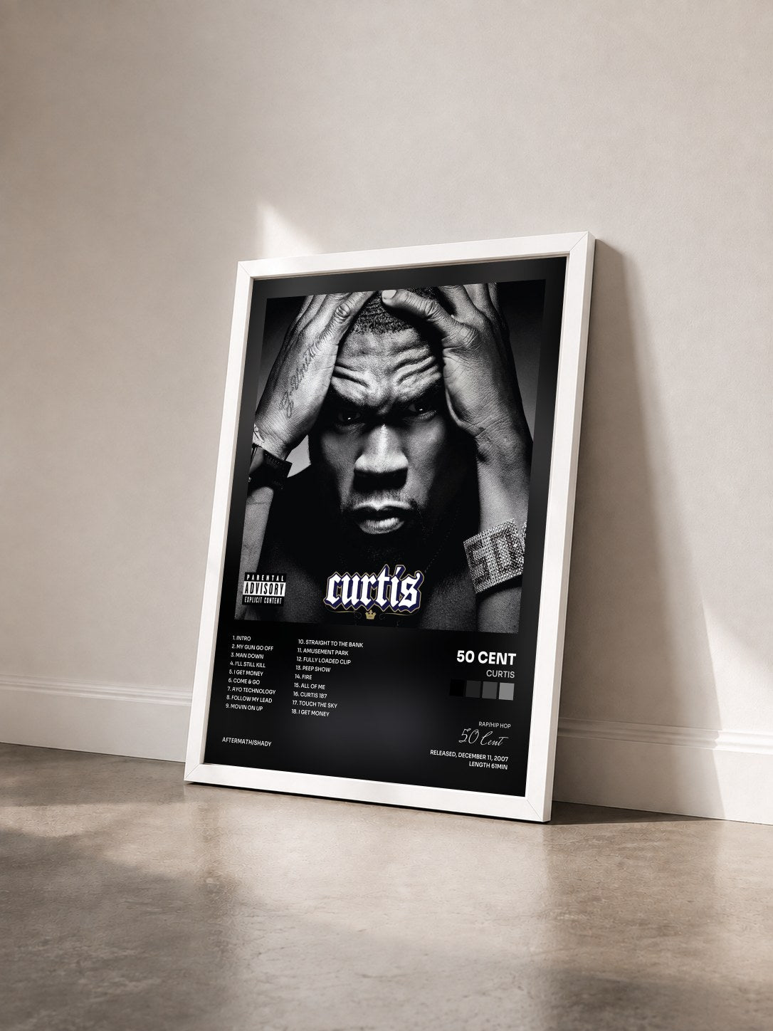 #blanc Tableau de l'album Curtis de 50 Cent vu de trois quarts, cadre blanc
