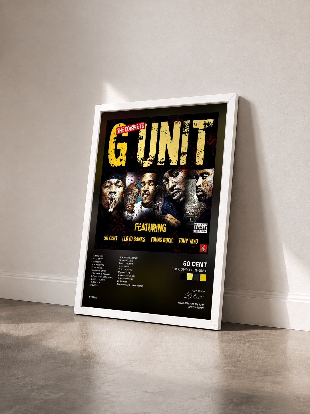 #blanc Tableau de l'album The Complete G-Unit de 50 Cent vu de trois quarts, cadre blanc