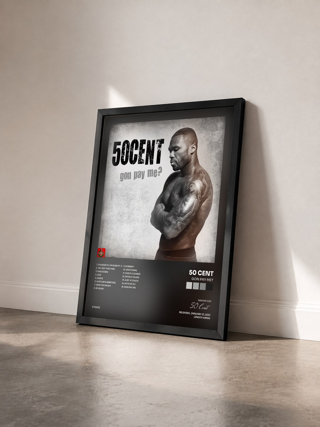 #noir Tableau de l'album Gon Pay Me? de 50 Cent vu de trois quarts, cadre noir