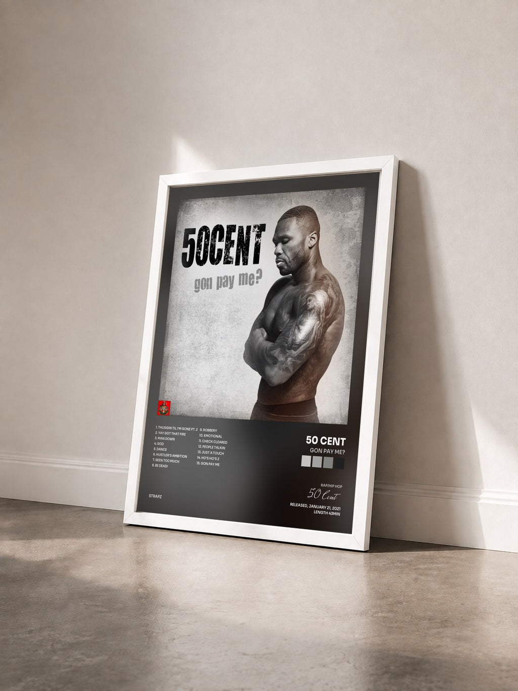 #blanc Gon Pay Me? by 50 Cent as a framed art print seen at an angle, white frame