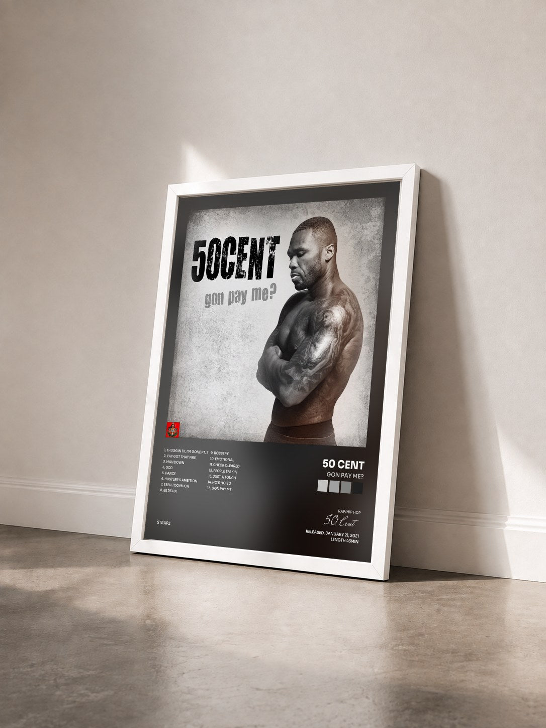 #blanc Tableau de l'album Gon Pay Me? de 50 Cent vu de trois quarts, cadre blanc