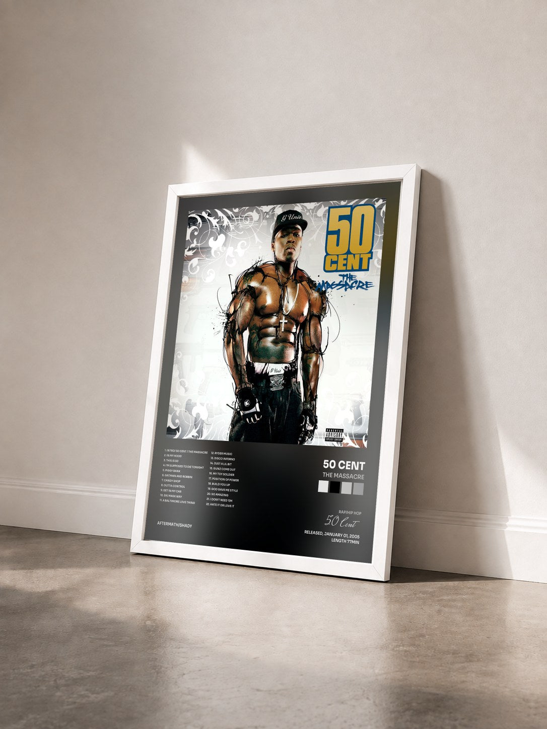#blanc Tableau de l'album The Massacre de 50 Cent vu de trois quarts, cadre blanc