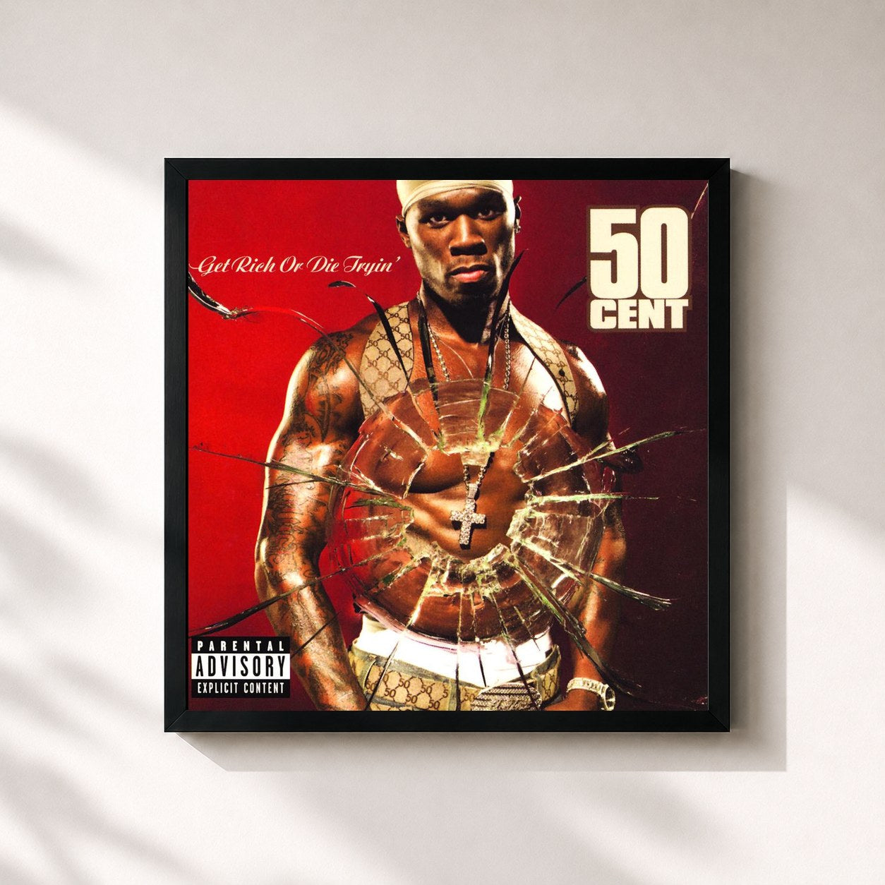 #noir Get Rich Or Die Tryin di 50 Cent in stampa quadrata incorniciata, cornice nera 32x32 cm