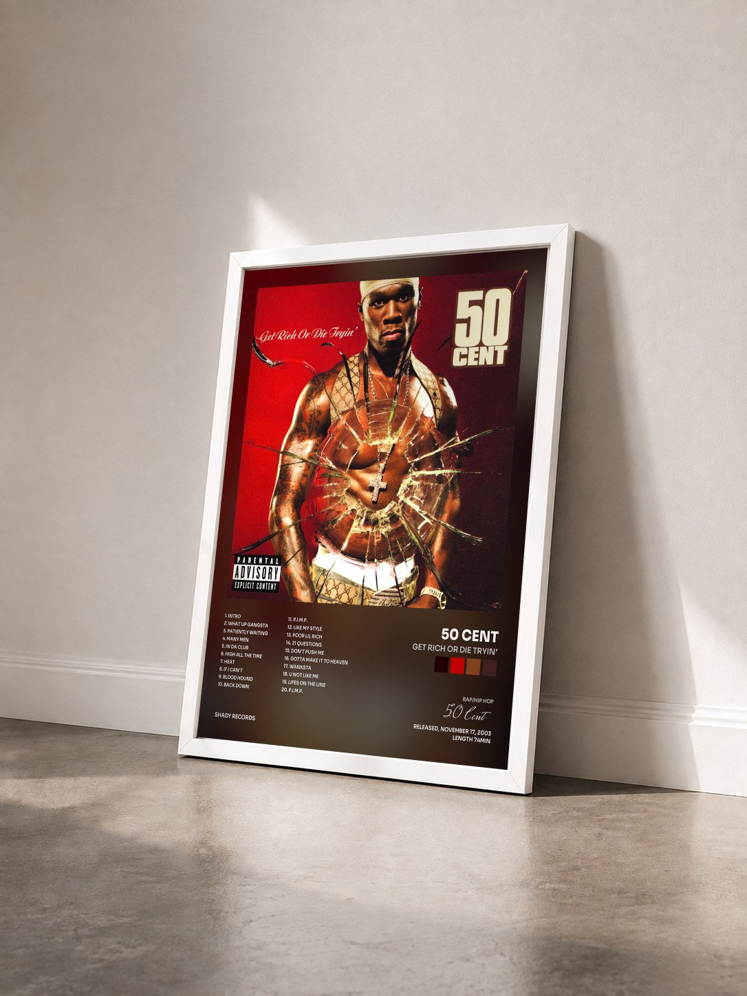 #blanc Get Rich Or Die Tryin di 50 Cent in stampa incorniciata vista di tre quarti, cornice bianca