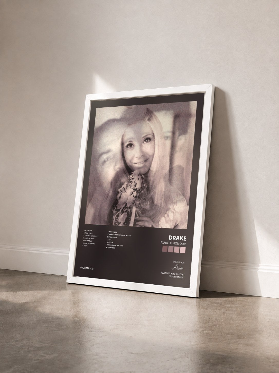 #blanc Tableau de l'album MAID OF HONOUR de Drake vu de trois quarts, cadre blanc