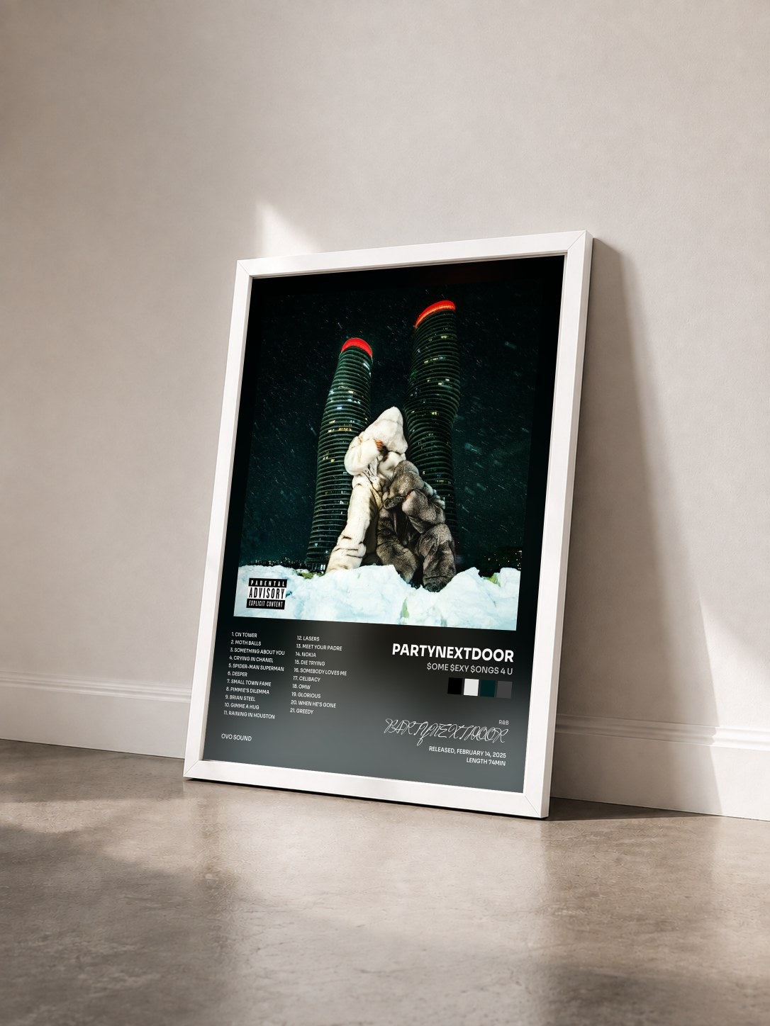 #blanc Tableau de l'album $ome $exy $ongs 4 U de PARTYNEXTDOOR vu de trois quarts, cadre blanc