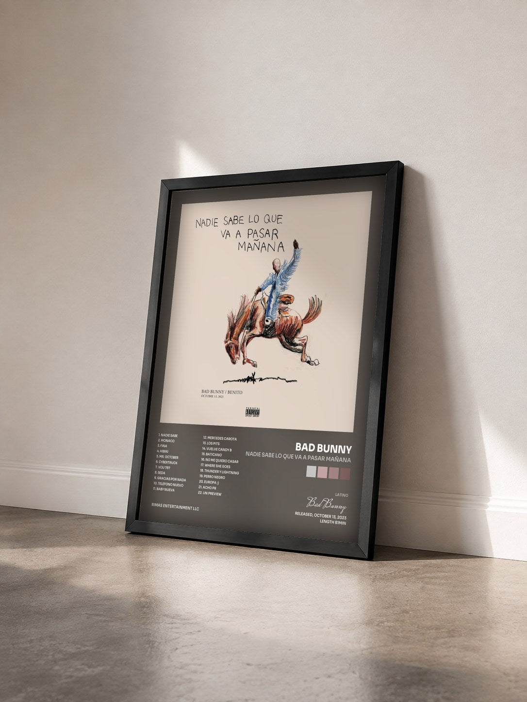 #noir nadie sabe lo que va a pasar mañana by Bad Bunny as a framed art print seen at an angle, black frame