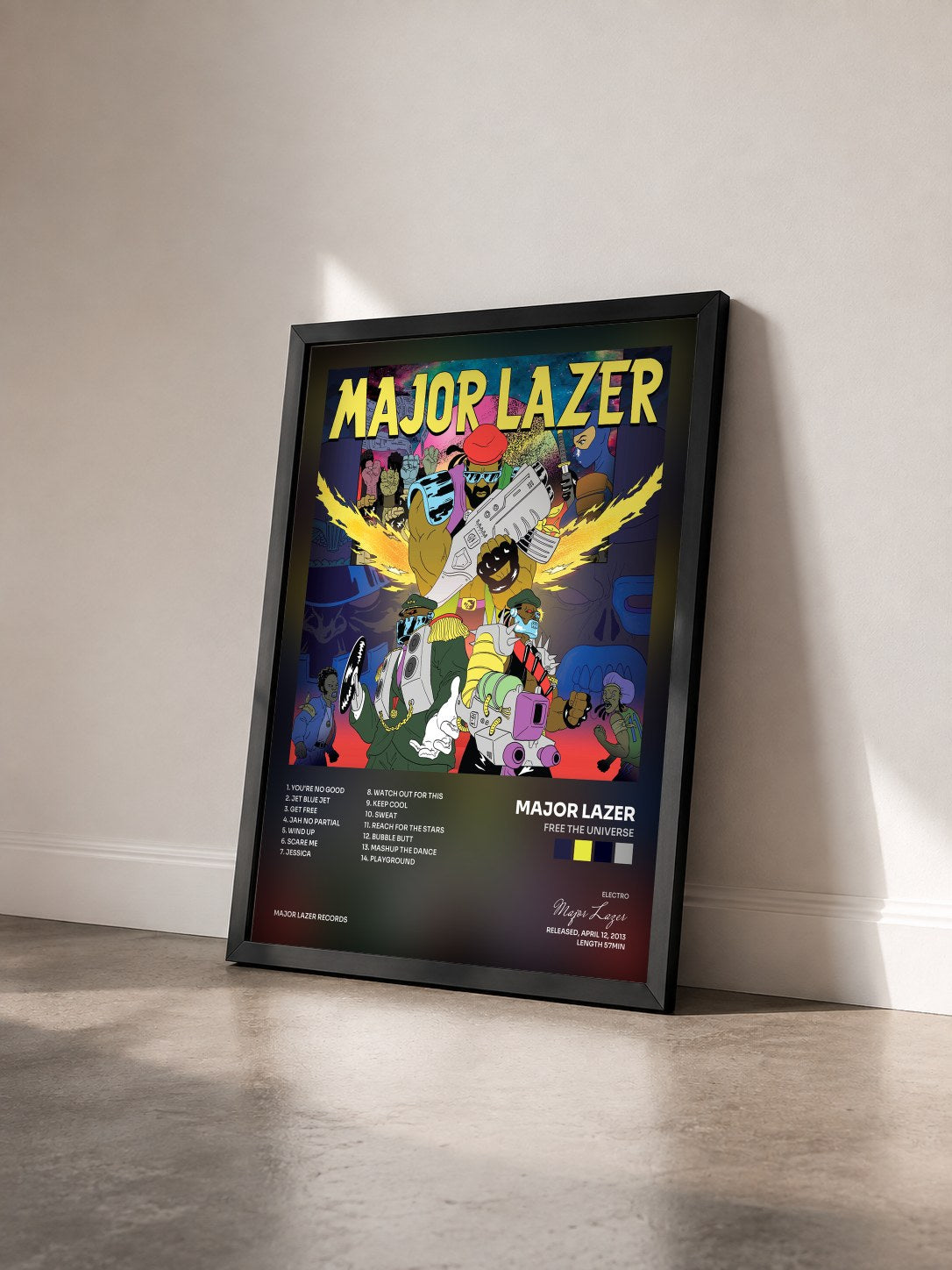 #noir Tableau de l'album Free the Universe de Major Lazer vu de trois quarts, cadre noir
