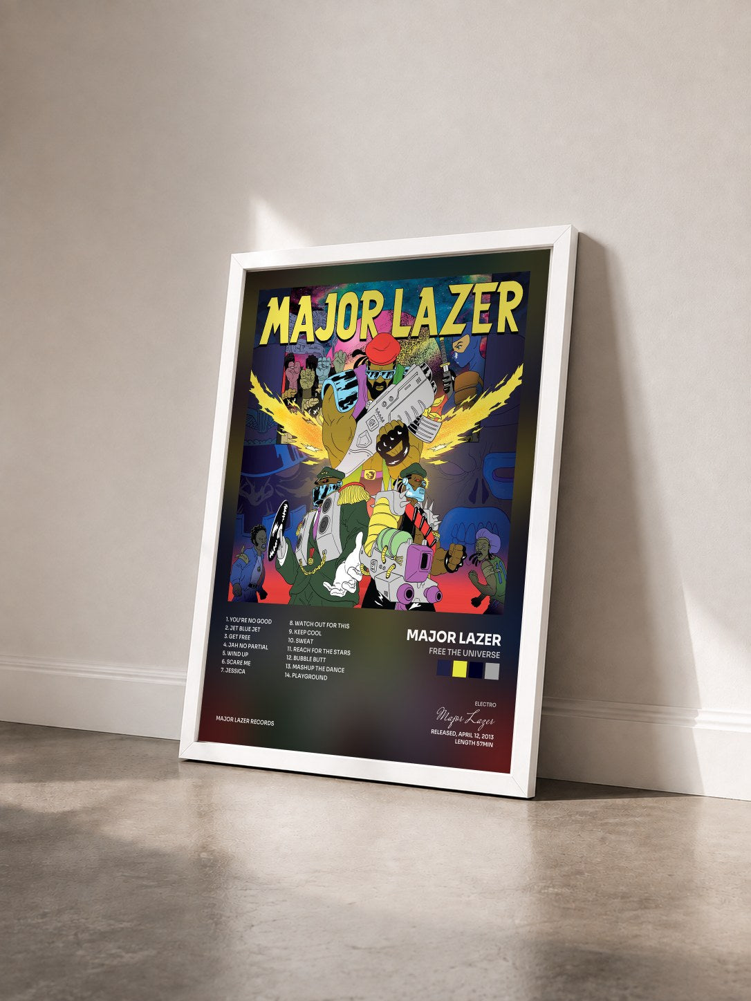 #blanc Tableau de l'album Free the Universe de Major Lazer vu de trois quarts, cadre blanc