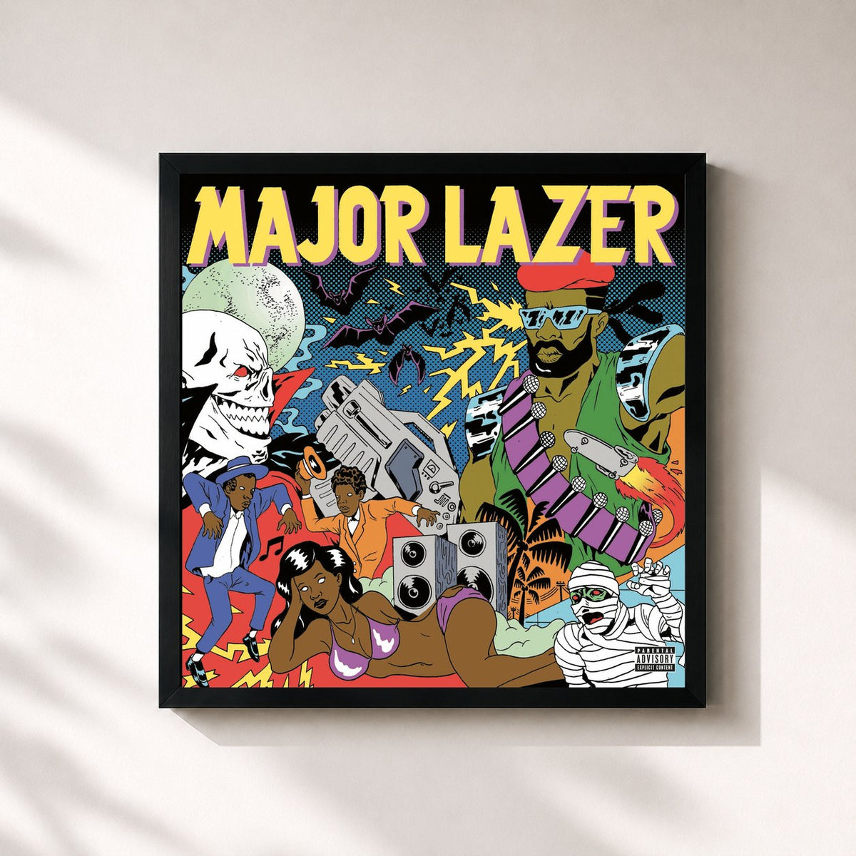 #noir Tableau carré de l'album Guns Don't Kill People... Lazers Do de Major Lazer, cadre noir 32x32 cm