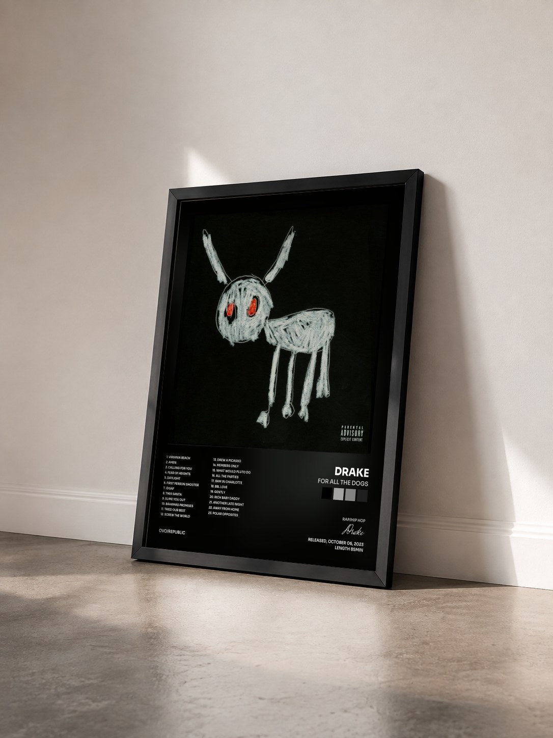 #noir Tableau de l'album For All The Dogs de Drake vu de trois quarts, cadre noir