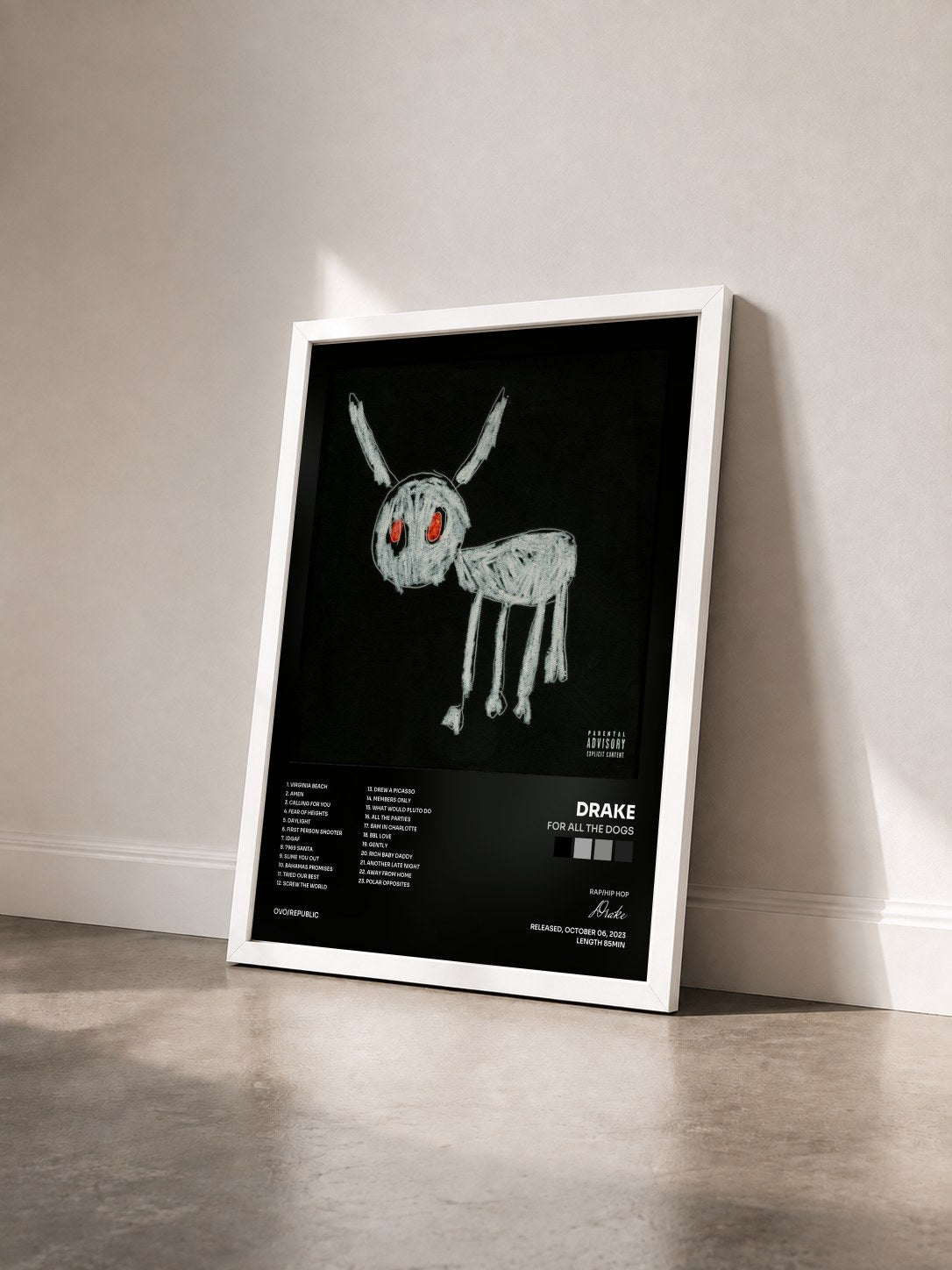 #blanc Tableau de l'album For All The Dogs de Drake vu de trois quarts, cadre blanc