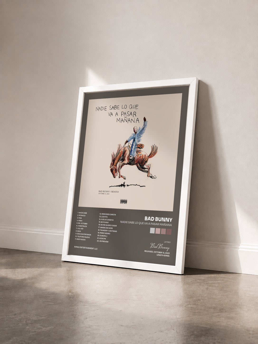 #blanc nadie sabe lo que va a pasar mañana by Bad Bunny as a framed art print seen at an angle, white frame