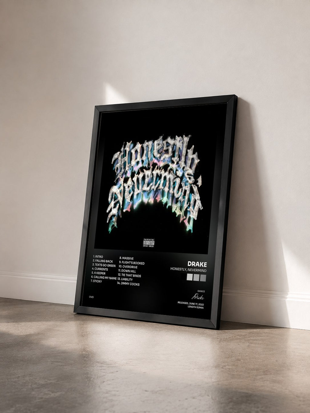#noir Tableau de l'album Honestly, Nevermind de Drake vu de trois quarts, cadre noir