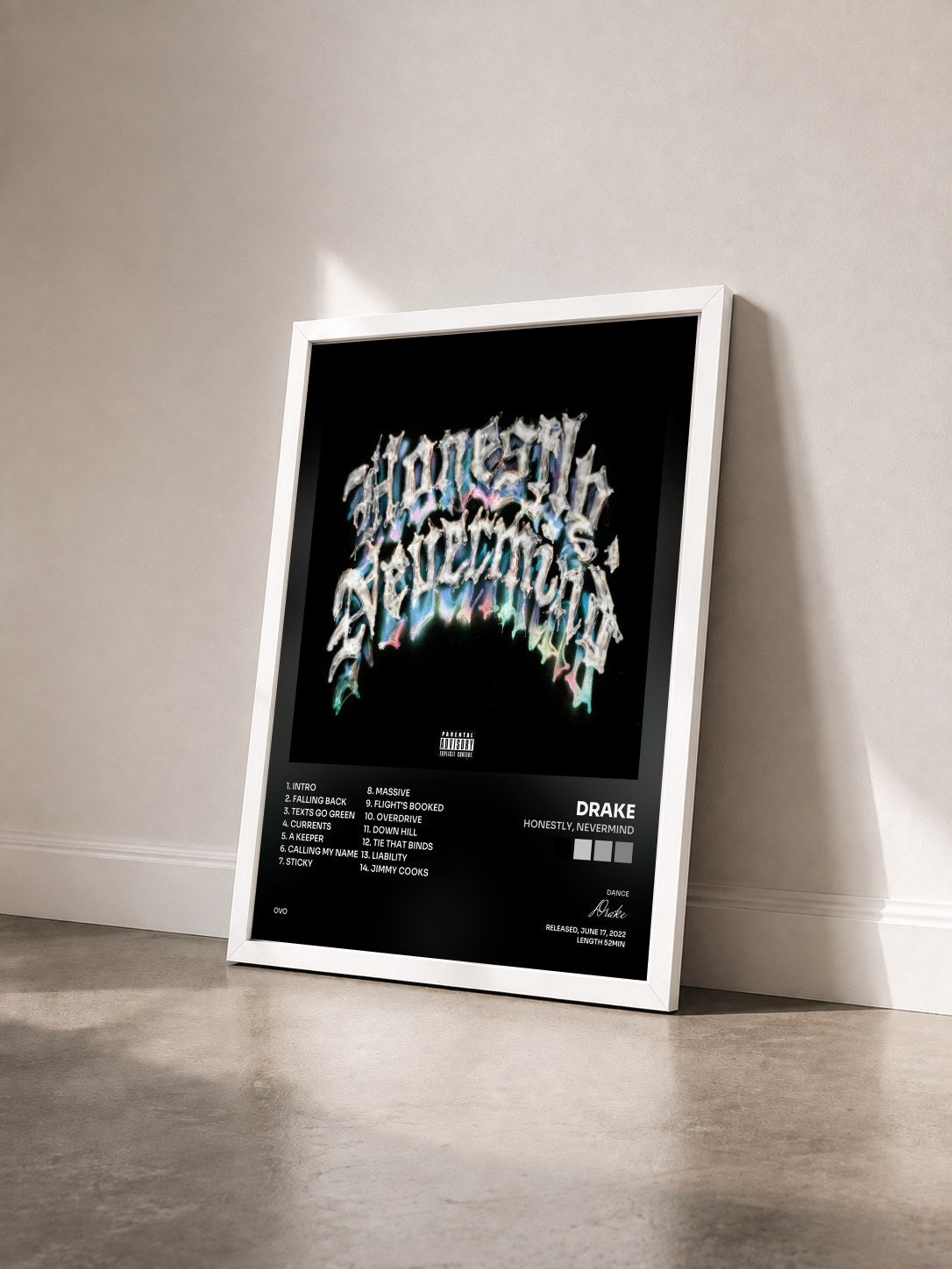 #blanc Tableau de l'album Honestly, Nevermind de Drake vu de trois quarts, cadre blanc