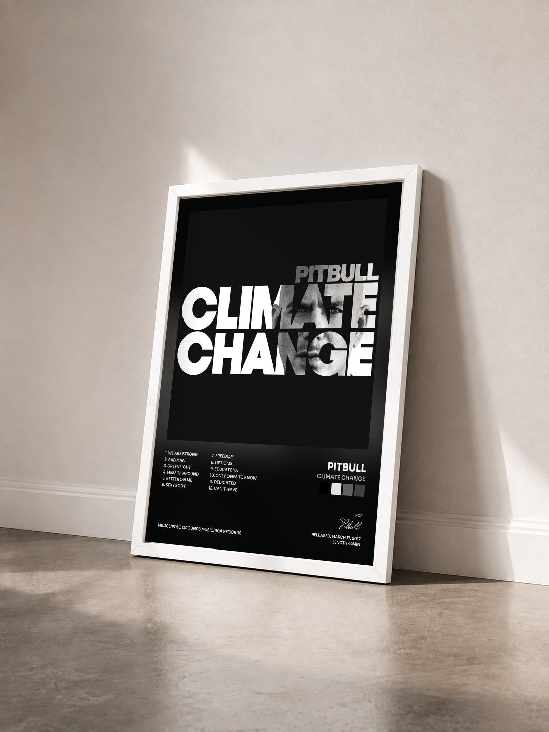 #blanc Climate Change von Pitbull als gerahmter Kunstdruck von schräg gesehen, weißer Rahmen