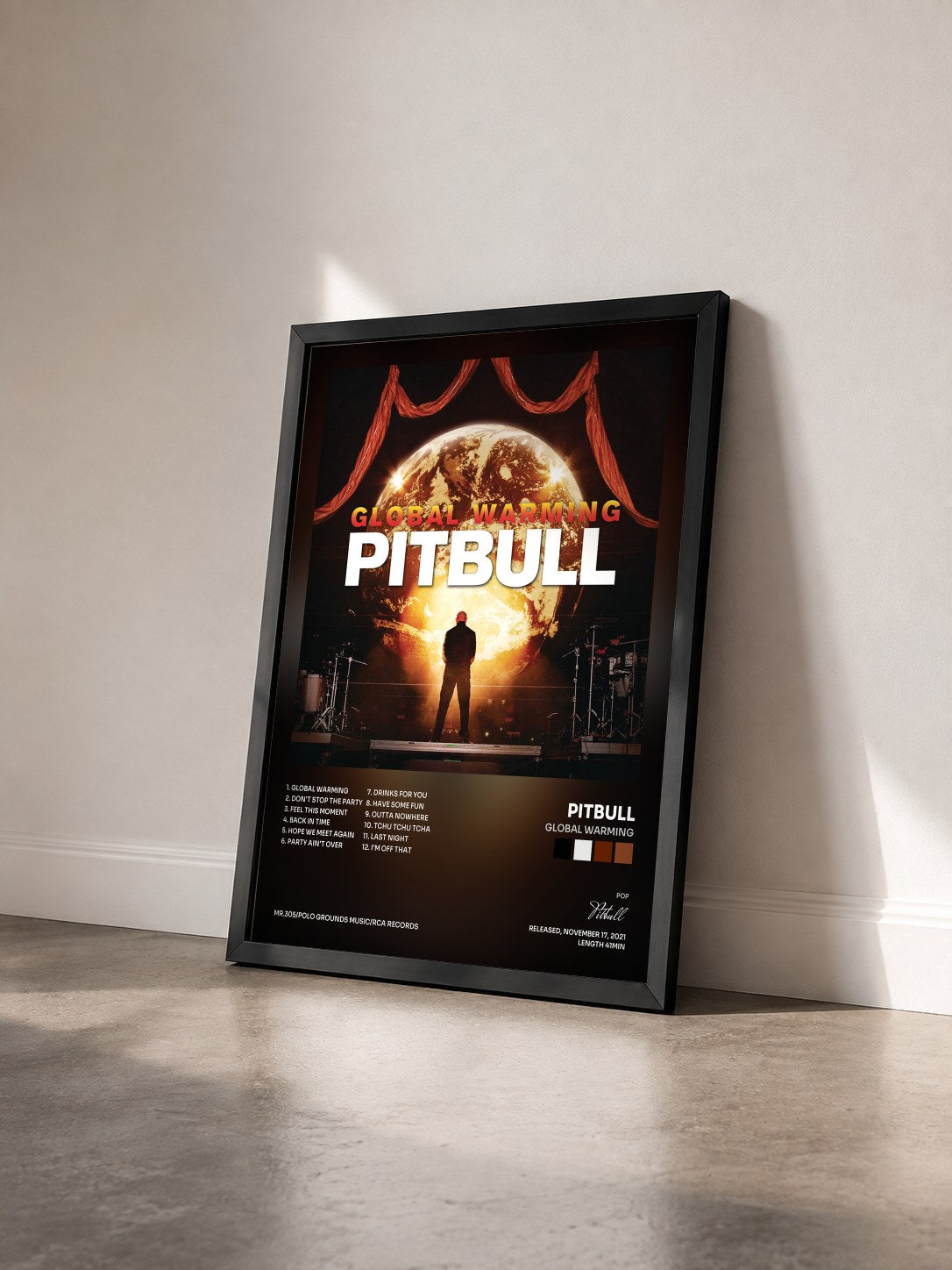 #noir Global Warming by Pitbull as a framed art print seen at an angle, black frame
