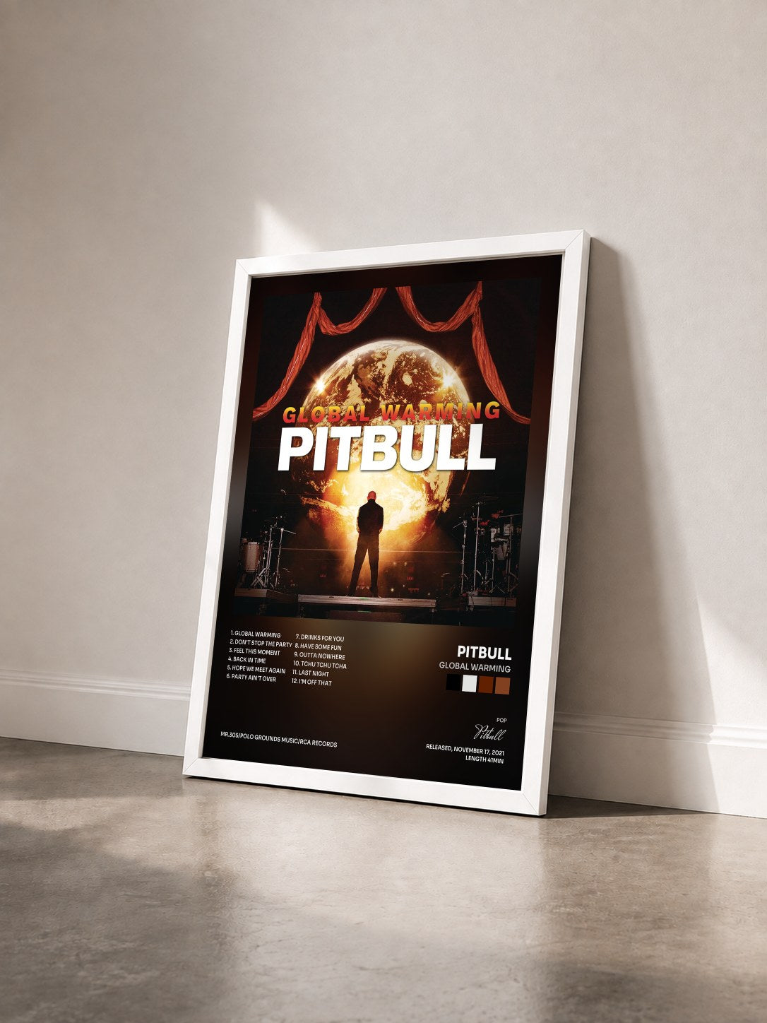 #blanc Global Warming by Pitbull as a framed art print seen at an angle, white frame