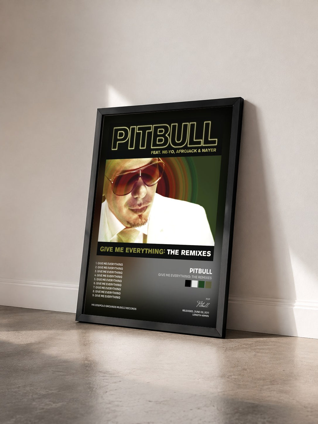#noir Give Me Everything: The Remixes by Pitbull as a framed art print seen at an angle, black frame