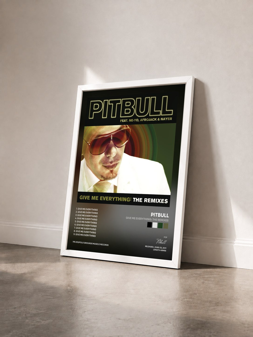 #blanc Give Me Everything: The Remixes by Pitbull as a framed art print seen at an angle, white frame