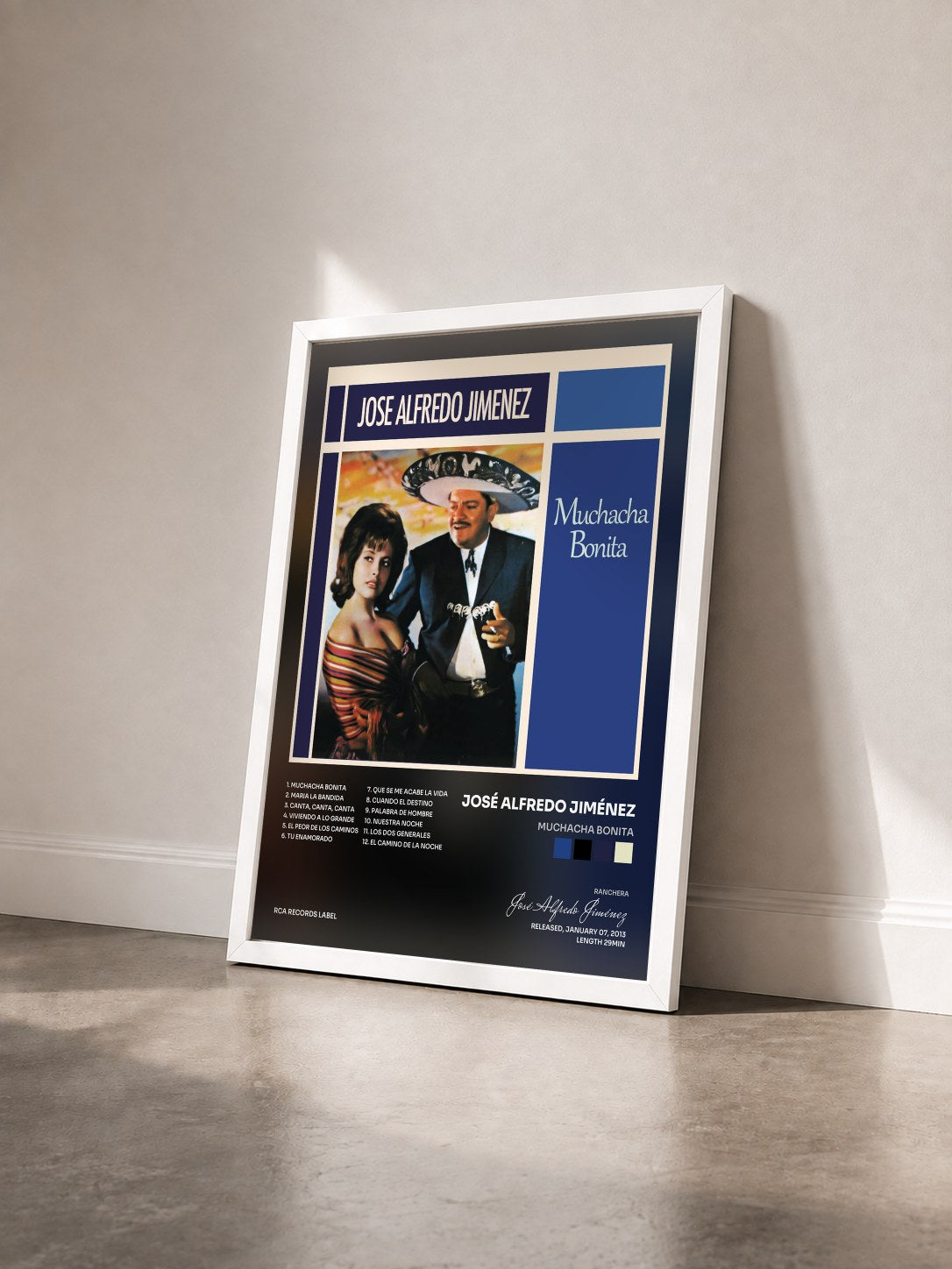 #blanc Tableau de l'album Muchacha Bonita de José Alfredo Jiménez vu de trois quarts, cadre blanc