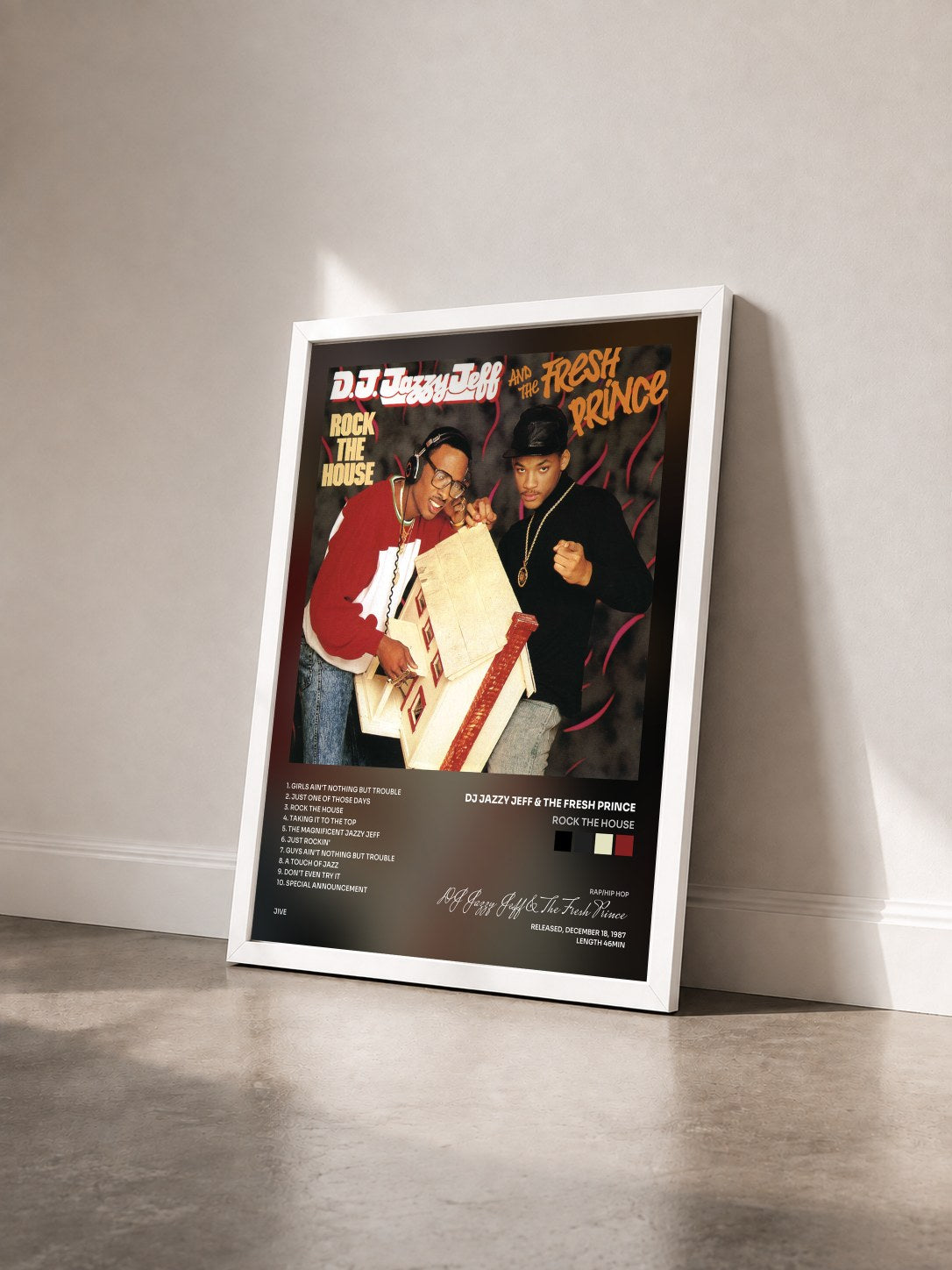 #blanc Tableau de l'album Rock The House de DJ Jazzy Jeff & The Fresh Prince vu de trois quarts, cadre blanc