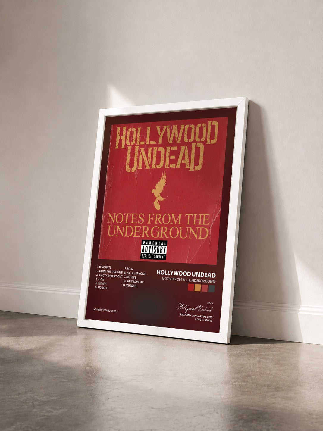 #blanc Tableau de l'album Notes From The Underground de Hollywood Undead vu de trois quarts, cadre blanc