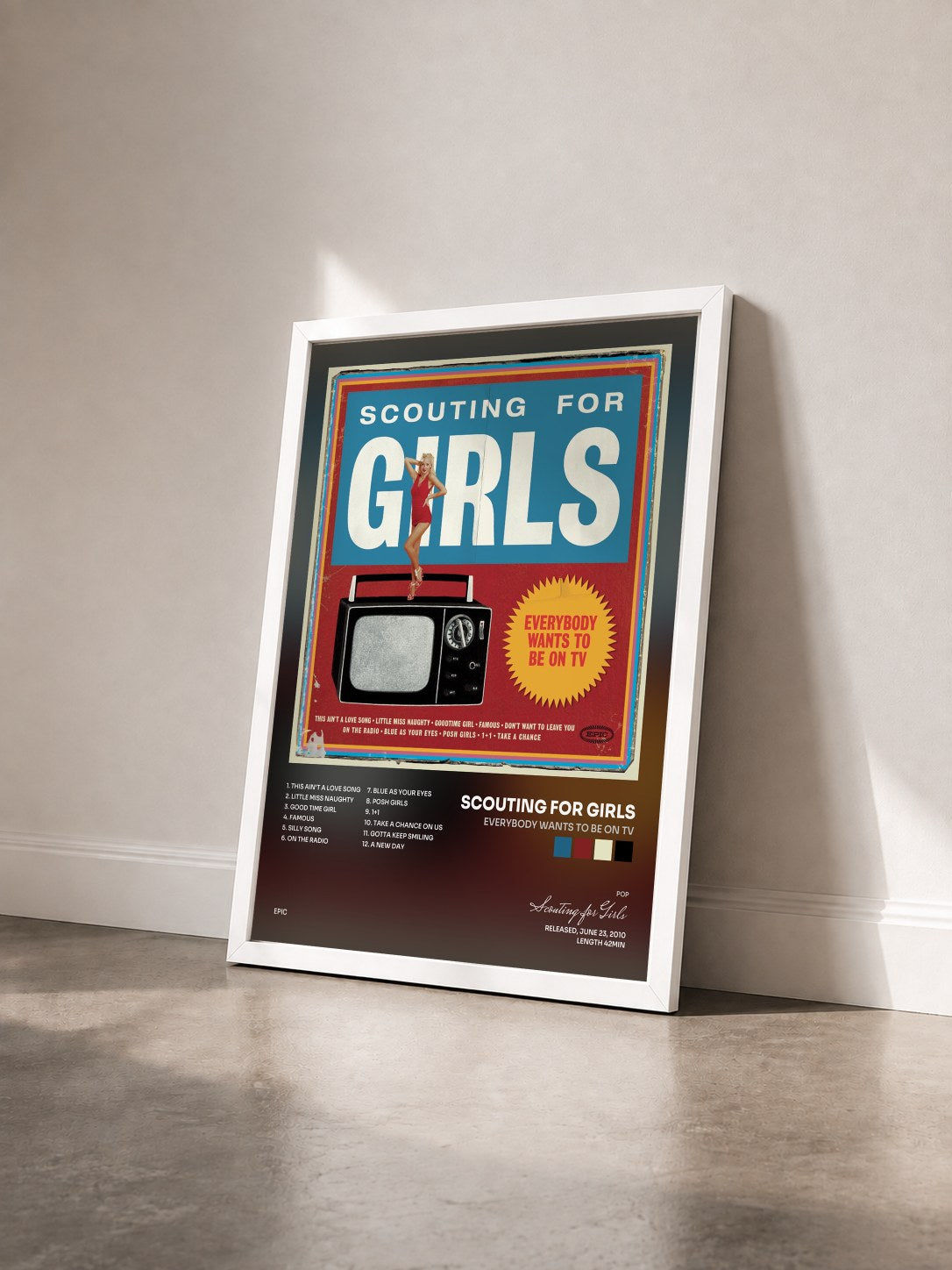 #blanc Tableau de l'album Everybody Wants To Be On TV de Scouting for Girls vu de trois quarts, cadre blanc