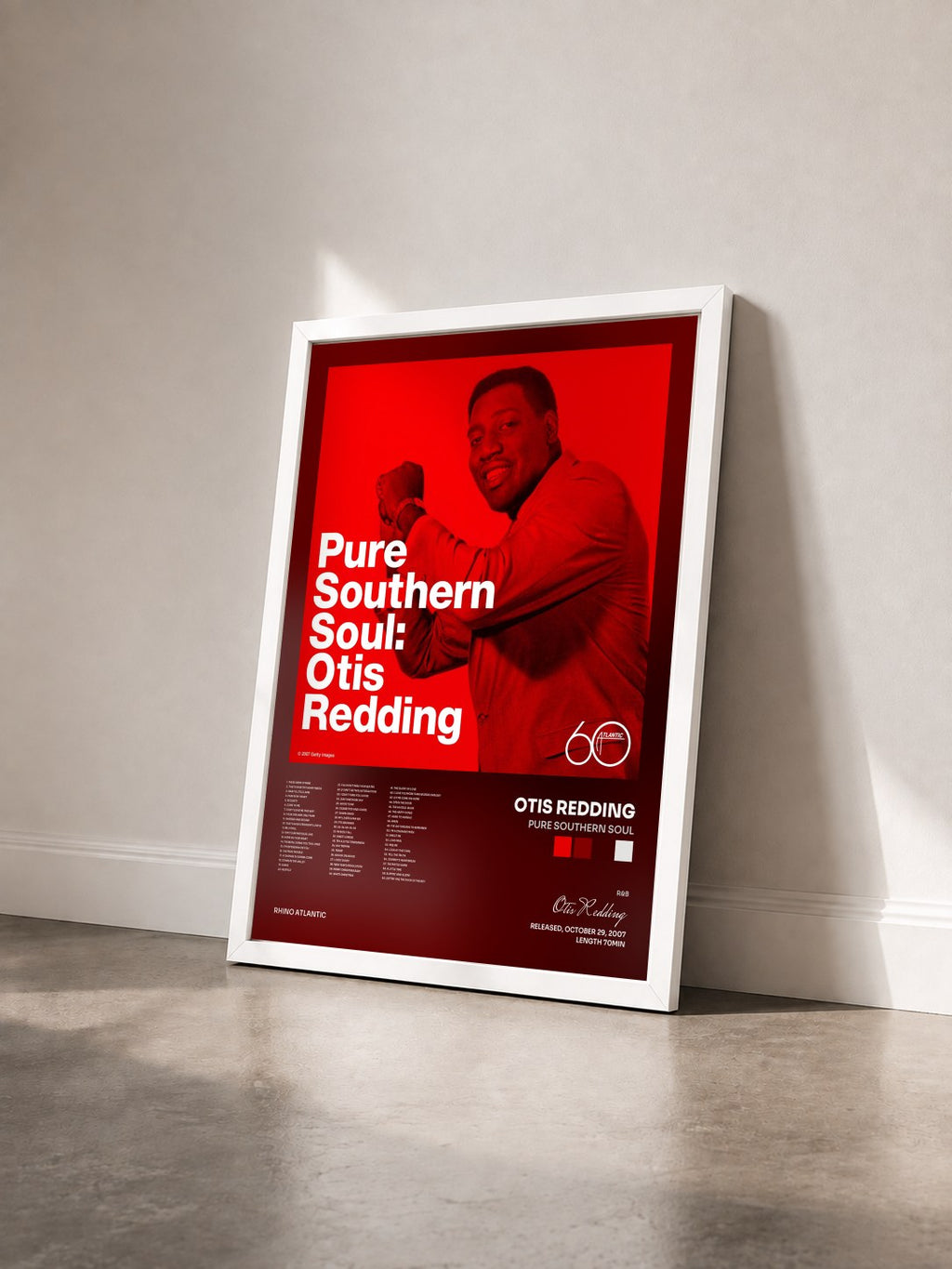 #blanc Pure Southern Soul di Otis Redding in stampa incorniciata vista di tre quarti, cornice bianca