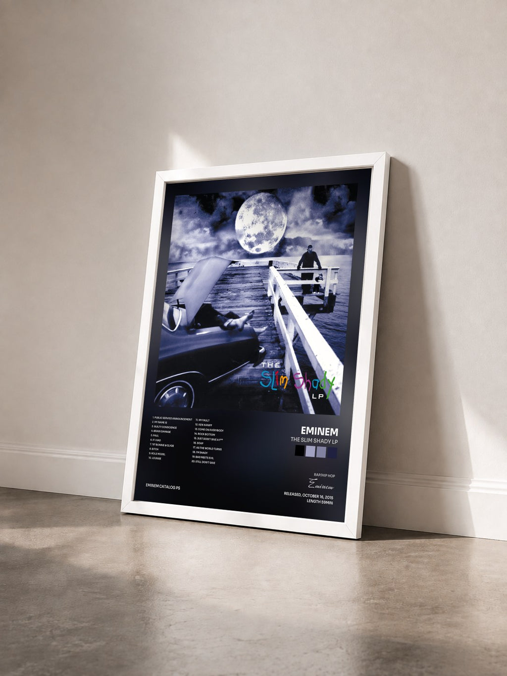 #blanc Tableau de l'album The Slim Shady LP de Eminem vu de trois quarts, cadre blanc