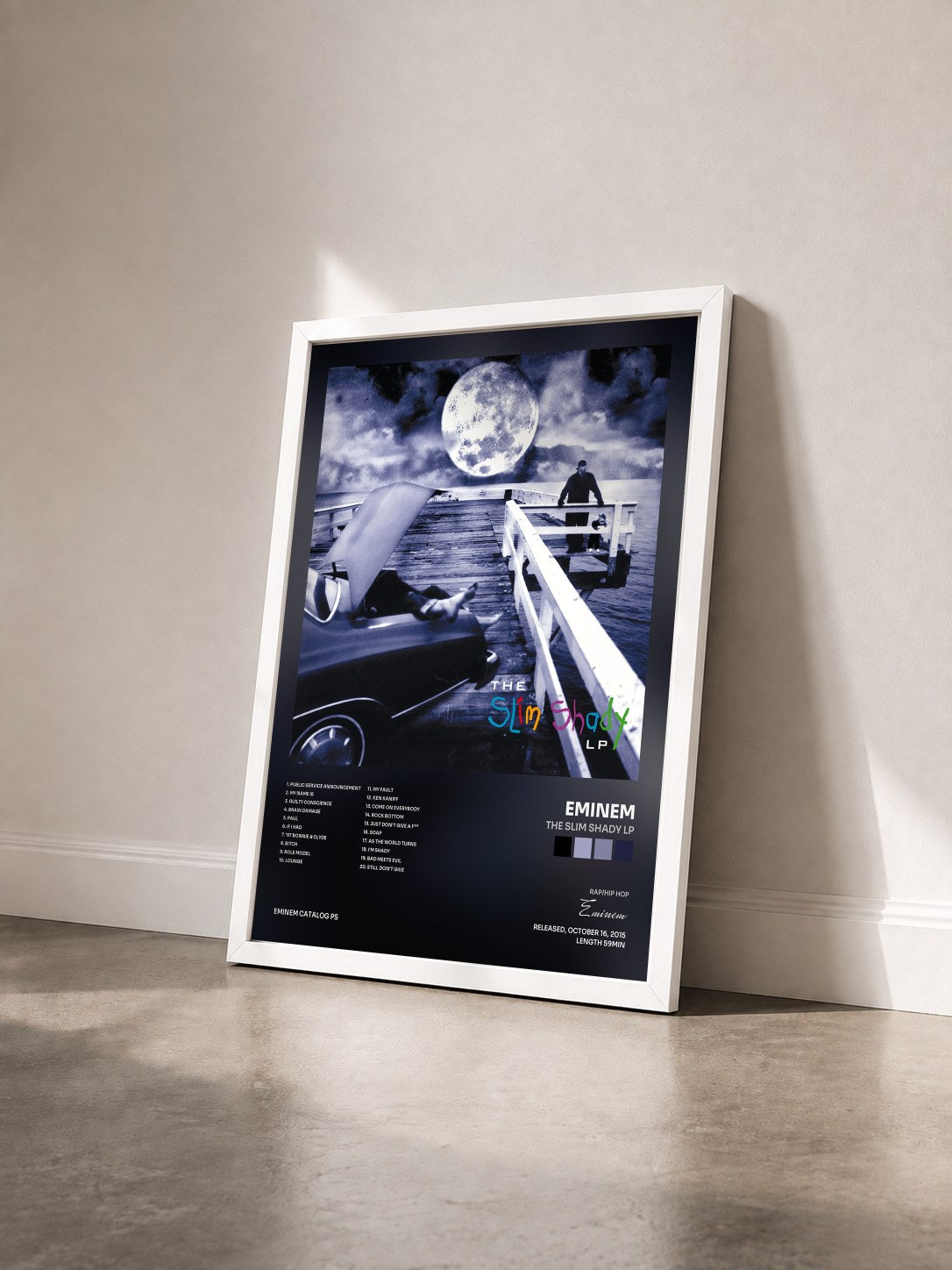 #blanc Tableau de l'album The Slim Shady LP de Eminem vu de trois quarts, cadre blanc