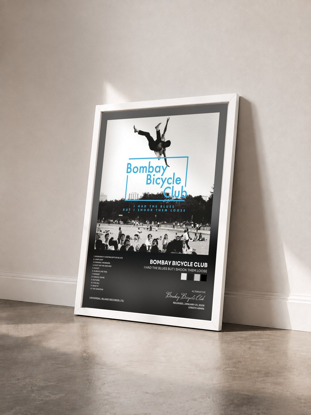 #blanc Tableau de l'album I Had The Blues But I Shook Them Loose de Bombay Bicycle Club vu de trois quarts, cadre blanc