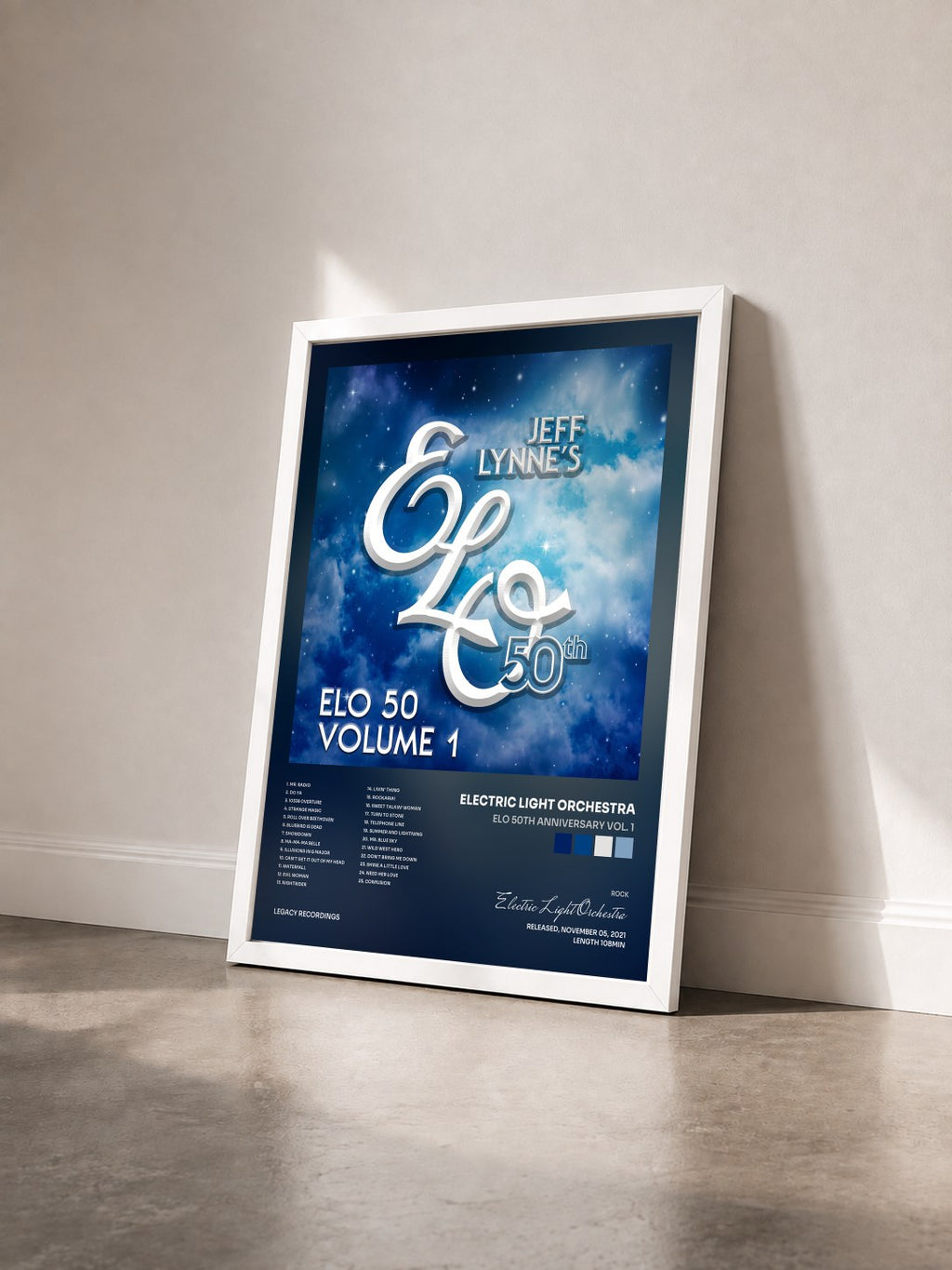 #blanc Tableau de l'album ELO 50th Anniversary Vol. 1 de Electric Light Orchestra vu de trois quarts, cadre blanc