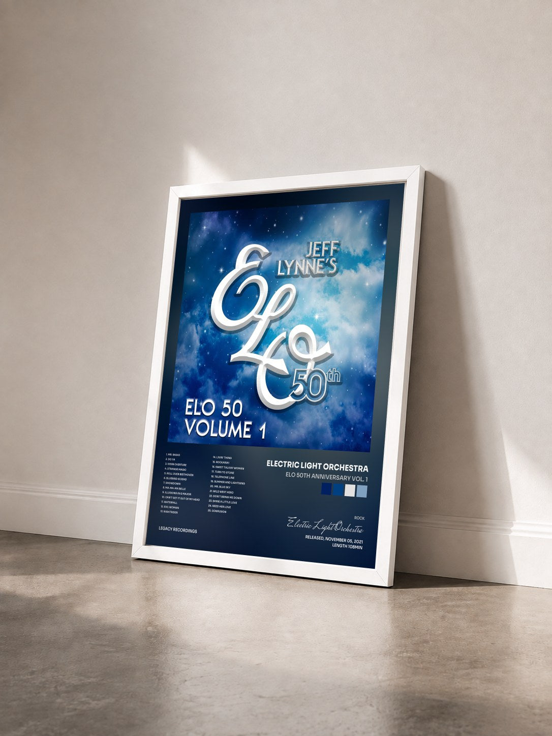 #blanc Tableau de l'album ELO 50th Anniversary Vol. 1 de Electric Light Orchestra vu de trois quarts, cadre blanc