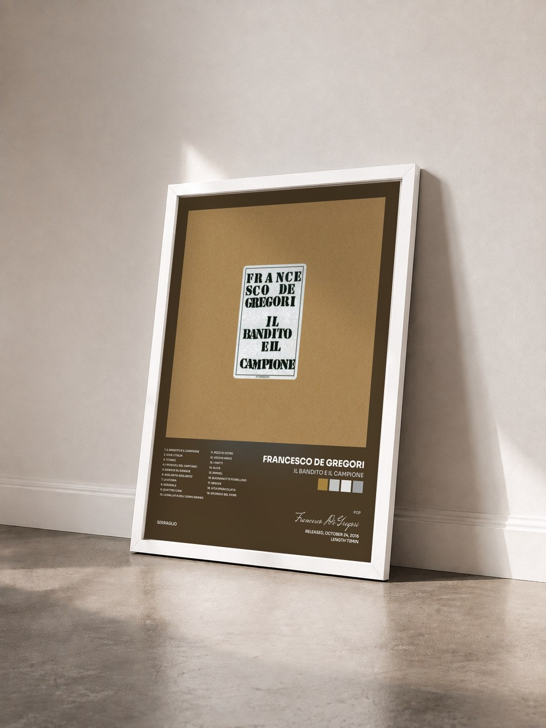#blanc Tableau de l'album Il Bandito E Il Campione de Francesco De Gregori vu de trois quarts, cadre blanc
