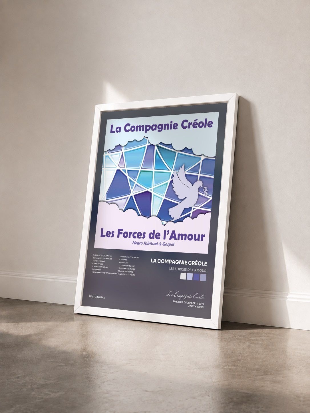 #blanc Tableau de l'album Les Forces de l'Amour de La Compagnie Créole vu de trois quarts, cadre blanc