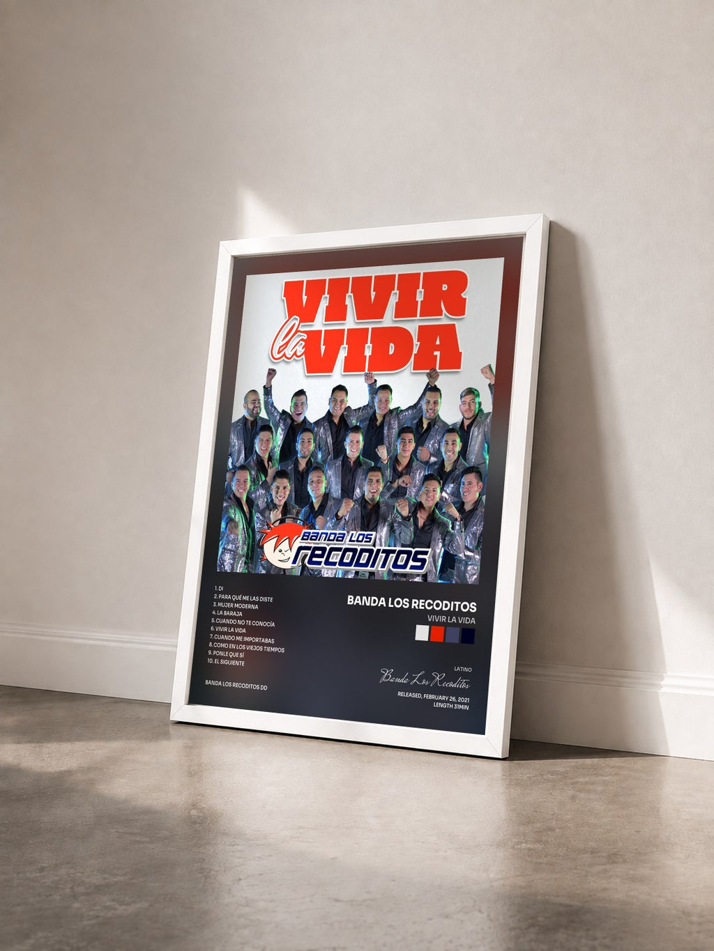 #blanc Vivir La Vida by Banda Los Recoditos as a framed art print seen at an angle, white frame