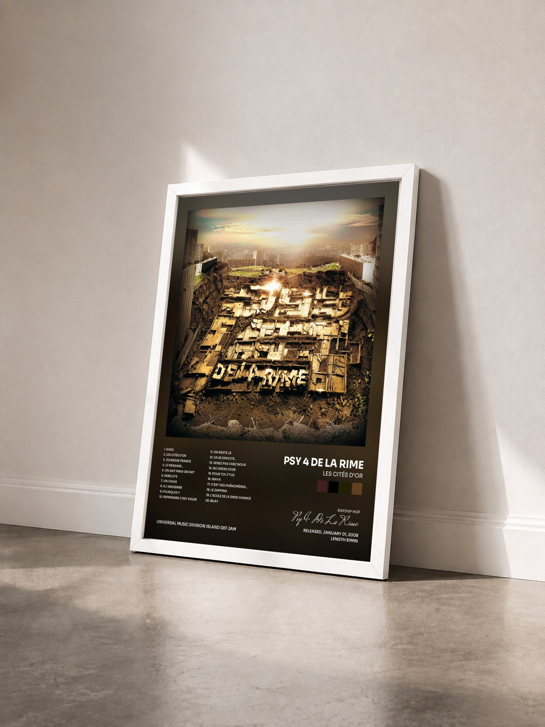 #blanc Tableau de l'album Les Cités D'Or de Psy 4 De La Rime vu de trois quarts, cadre blanc