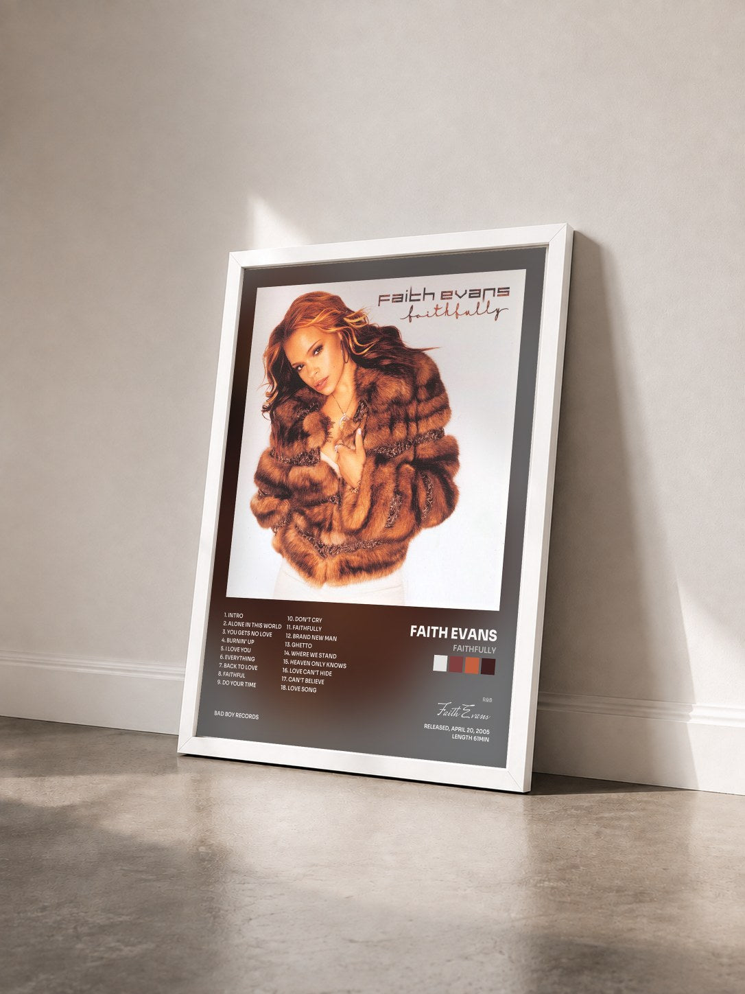 #blanc Tableau de l'album Faithfully de Faith Evans vu de trois quarts, cadre blanc