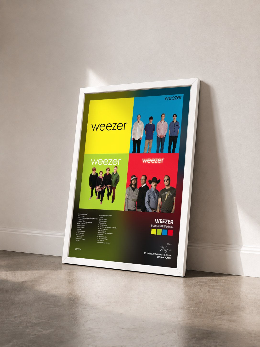 #blanc Tableau de l'album Blue/Green/Red de Weezer vu de trois quarts, cadre blanc